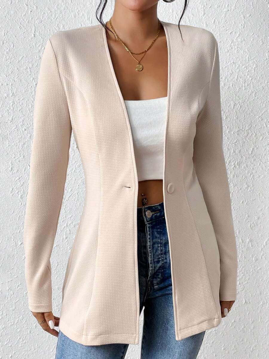 EMERY ROSE Áo blazer nữ dáng ngắn, không lót, cổ bẻ, tay dài, chất liệu mỏng nhẹ, kiểu dáng thường ngày, thích hợp cho mùa hè. - Màu be - Xem 1