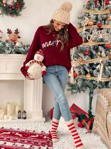 EMERY ROSE Letter Appliques Crew Neck Long Sleeve Sweater For New Year Clothes - Burgundy - View 3