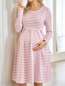 SHEIN Maternity Striped Round Neck Long Sleeve Pleated Casual Nursing Dress Lingerie Lingerie Set Underwear Women Pajama Pajama Dress Loungewear Nightgown Robe Sleepwear Sleepwear Set Tank Top With Bra - Pink - View 6