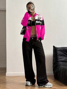 SHEIN PETITE Letter Print Contrast Color Drop Shoulder Bomber Jacket For New Year Clothes Fall Winter Cloth For Women - Hot Pink - View 4