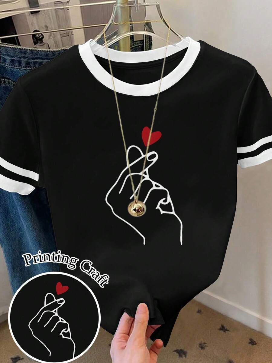 Resyla 女士手心印花宽松休闲撞色条纹圆领T恤 情人节上衣 - 彩色 - 查看 1