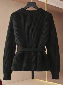 GlowEve Black Crew Neck Drawstring Waist Knit Cardigan For Women, Elegant Relaxed Fit Loose Sweater Top With Metal Button Decor, Suitable For Autumn/Winter
