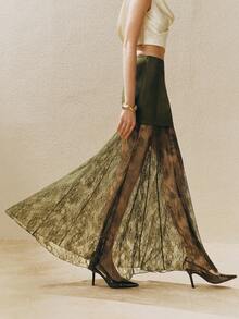 Arave Women's Elastic Waist Contrast Lace Skirt, Women's Black Long Lace See-Through Skirt, Sexy Bodycon Skirt, Flared Skirt, Suitable For Valentine's Day, - Army Green - View 5