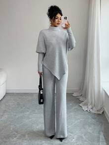 Elenzga 女士柔软针织不对称下摆优雅休闲T恤和裤子两件套 - 灰色 - 查看 3