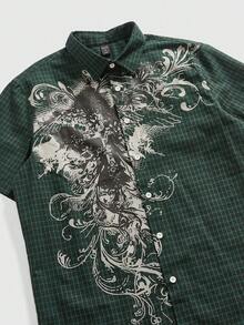 ROMWE MEN Grunge Punk 男士翻领格子单排扣休闲日常短袖衬衫