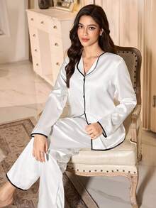 LuxeNights 优雅白色滚边女士缎面长袖睡衣套装 - 白色 - 查看 1