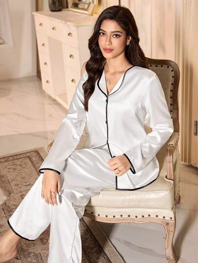 LuxeNights 优雅白色滚边女士缎面长袖睡衣套装