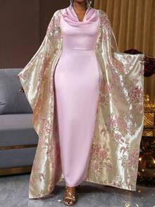 SHEIN Ladiora Đầm midi tay loe khoét eo họa tiết vải satin cổ xếp nếp cho nữ, sang trọng, thanh lịch, dự tiệc, thu/đông - Hồng - Xem 3