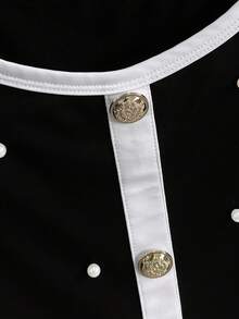 EMERY ROSE Plus Size Sleeveless Beaded Contrast Color Round Neck Elegant Tank Top Black And White Blouse Pearl Embellished Top Sleeveless Blouse Peplum Top - Black and White - View 4