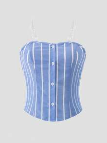 Reset Phase 2pcs/Set Teen Girl Striped Tube Top Cardigan Top And Elastic Waist Wide Leg Pants Casual Outfit, Spring/Summer - Blue and White - View 3