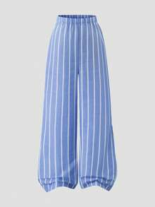 Reset Phase 2pcs/Set Teen Girl Striped Tube Top Cardigan Top And Elastic Waist Wide Leg Pants Casual Outfit, Spring/Summer - Blue and White - View 4