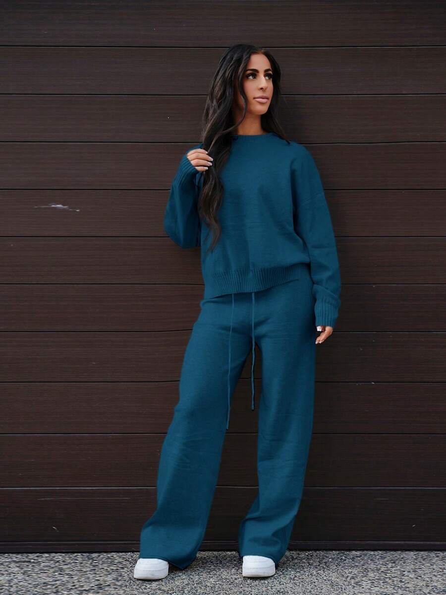 SAYEHFBABY Women's Casual Solid Color Sweater & Pants 2 Pieces Set - Blue - View 1