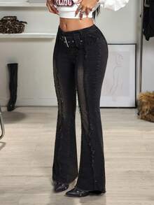 Jeanoix Y2K 低腰金属扣毛边复古水洗喇叭牛仔裤 - 黑色 - 查看 3