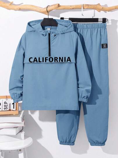 SHEIN Set de chaqueta con capucha con media cremallera y pantalones jogger para niño preadolescente, estilo deportivo casual para otoño/invierno