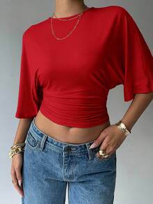 Aloruh Women's Solid Color Round Neck Batwing Sleeve Pleated Cropped Fashion T-Shirt Short Sleeve T-Shirts Women Women's Red Elegant Fashion Streetwear Versatile Short-Sleeve T-Shirt - Red - View 8