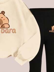 Sparklyn 2pcs Tween Girl Capybara Print Casual Loose Fit Crew Neck Long Sleeve Sweatshirt And Flare Pants Set, Suitable For Winter Wear - Multicolor - View 4