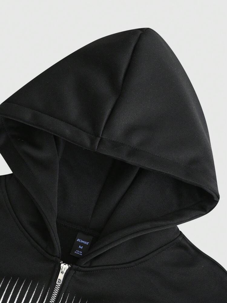 ROMWE MEN Street Life 男士交叉条纹拉链连帽休闲卫衣 - 黑色 - 查看 6