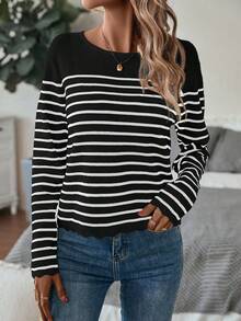 Chiquease 女士休闲条纹圆领毛衣，秋季 - 黑與白 - 查看 2
