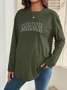 SHEIN Maternity Casual Letter Print Nursing Top, Autumn Mama Shirt Pregnancy Shirts Breastfeeding Shirt Maternity Shirt - Army Green - View 3