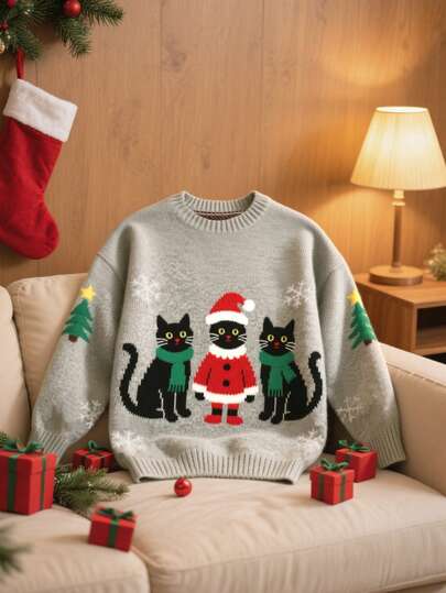GlowEve Autumn/Winter New Elegant Casual Jacquard Pattern Cute Sweet Women's Christmas 3 Cats Wearing Santa Hat Loose Long Sleeve Pullover Sweater