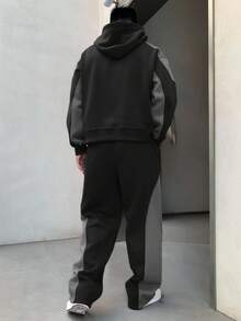 DAZY Men's Autumn Hoodie Set With Color Blocking, Letter Embroidery, Thermal Lined - Black - View 2