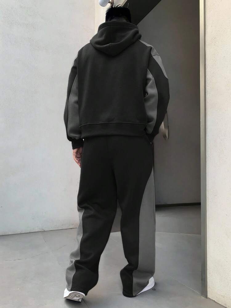 Men's Autumn Hoodie Set With Color Blocking, Letter Embroidery, Thermal Lined