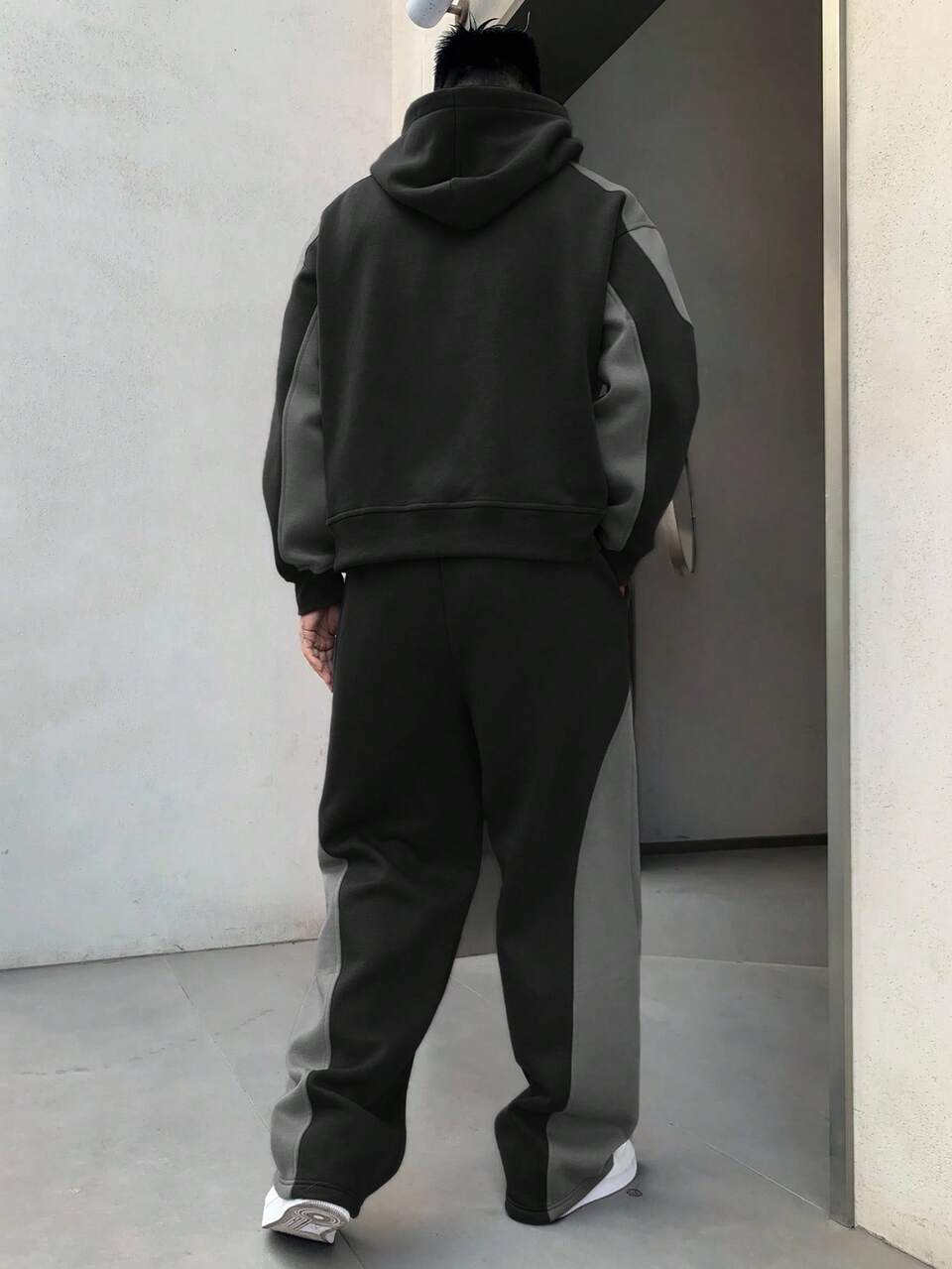 Men's Autumn Hoodie Set With Color Blocking, Letter Embroidery, Thermal Lined