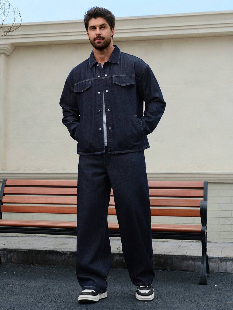 Navy Blue Blue Original Denim Fabric Shirt Paired With Men's Denim Suit, Autumn