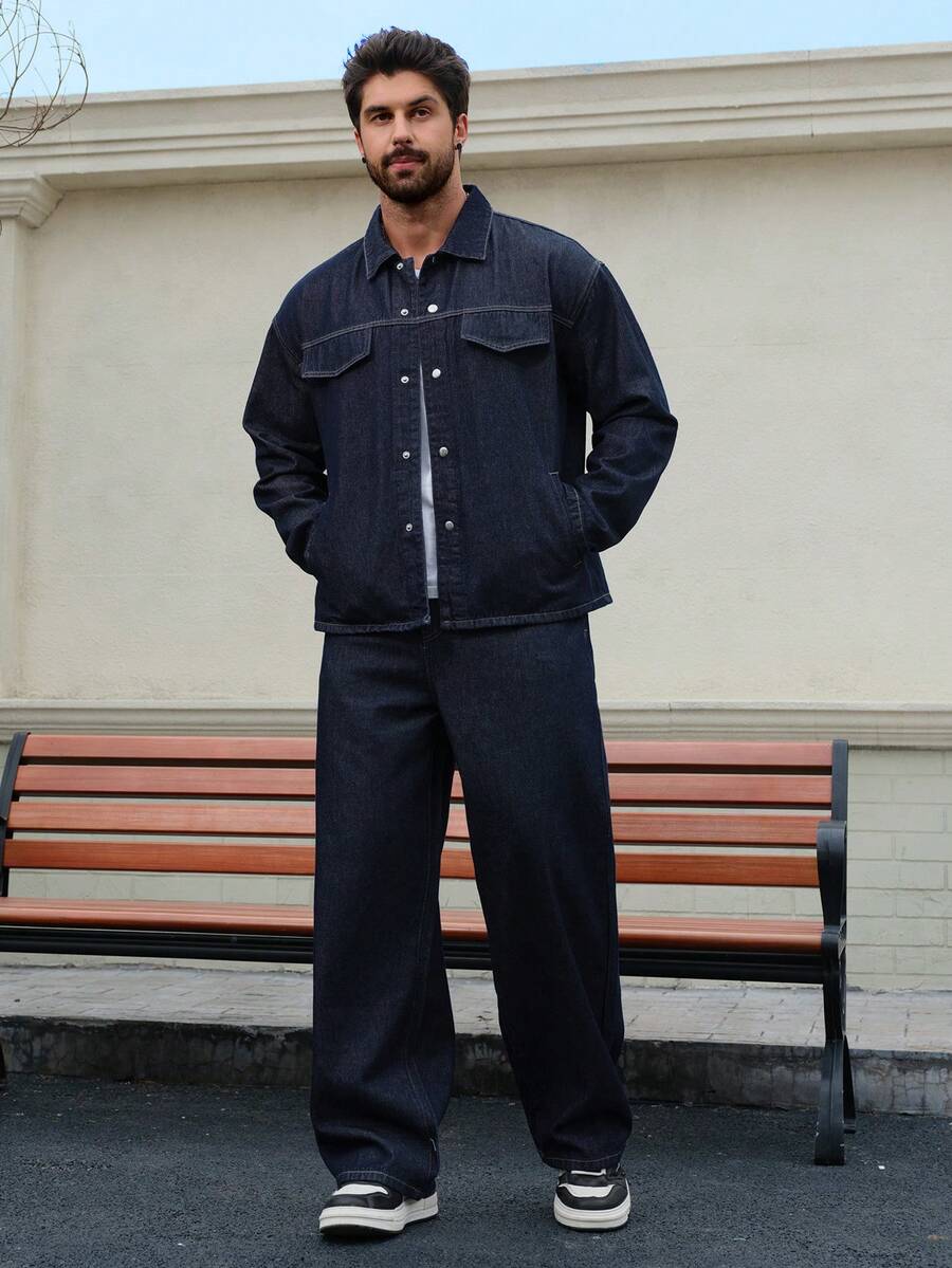 DAZY 藏蓝色原味牛仔衬衫搭配男士牛仔西装，秋季装扮 - 藍色 - 查看 1