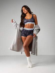 Missguided x Playboy Printed Bunny Logo Bralette And Boyshort Panty Set With Contrast White Band Detailing - Black and White - View 5