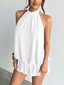 Aloruh Sexy Solid Color Backless Halter Ruffle Hem Mini Dress, Summer - White - View 6