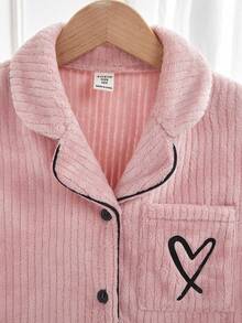 Genkimix Kids 2 件女童莲藕粉色简约别致心形刺绣长袖长裤睡衣套装，保暖睡衣 - 藕粉色 - 查看 3