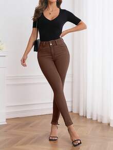 EMERY ROSE Blugi minimalisti de culoare solidă, croială slim fit, casual, versatili, pentru femei - cafea maro - Vizualizare 4