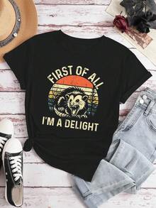 INAWLY Áo thun cổ tròn in khẩu hiệu hoạt hình thường ngày dành cho nữ, mùa hè - màu đen - Xem 2