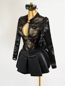 Mistrie Women's Floral Lace Long Sleeve Hollow Out Sexy Bodysuit - Black - View 3