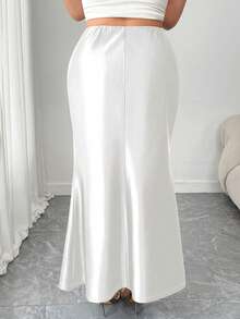 EMERY ROSE Plus Size Fitted Satin Knit Mermaid Skirt - White - View 2