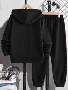 SHEIN Vacaura 2件套青少年连帽不对称拼接设计藏蓝色口袋卫衣和休闲运动裤，春秋季 - 黑色 - 查看 2
