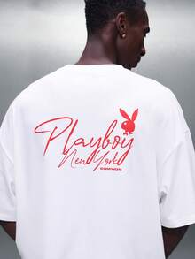 PLAYBOY X SUMWON 男士印花宽松版型七分袖圆领休闲棉混纺T恤，休闲街头风上衣 - 白色 - 查看 5