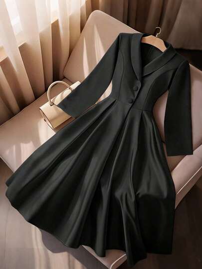 GlowEve Women's Elegant High Collar Button Long Sleeve Fitted A-Line Midi Dress, Chic French Style For Party And Gathering, Autumn/Winter