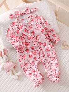 Newborn Baby Pajamas-2 Pieces Pajama Set Footed Sleeper Hearts Print Pink Red Round Neck Long Sleeve Snap Front With Matching Headband One Piece Pajamas Easy Diaper Changes Soft Stretch Year Round Holiday 2026 Must Have Gift - Baby Pink - View 3