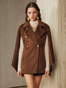 Aveloria Women's Wool Blend Triple Button Small Collar Cape With Slant Pockets, Daily Commute Jacket - Coffee Brown - View 4