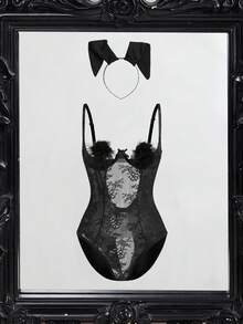 Fantasy Costume Fantasy Costume 3件套粉色兔女郎角色扮演套装：镂空乳贴+头饰+连体衣，毛绒装饰，蕾丝拼接，女士内衣服装 - 黑色 - 查看 1