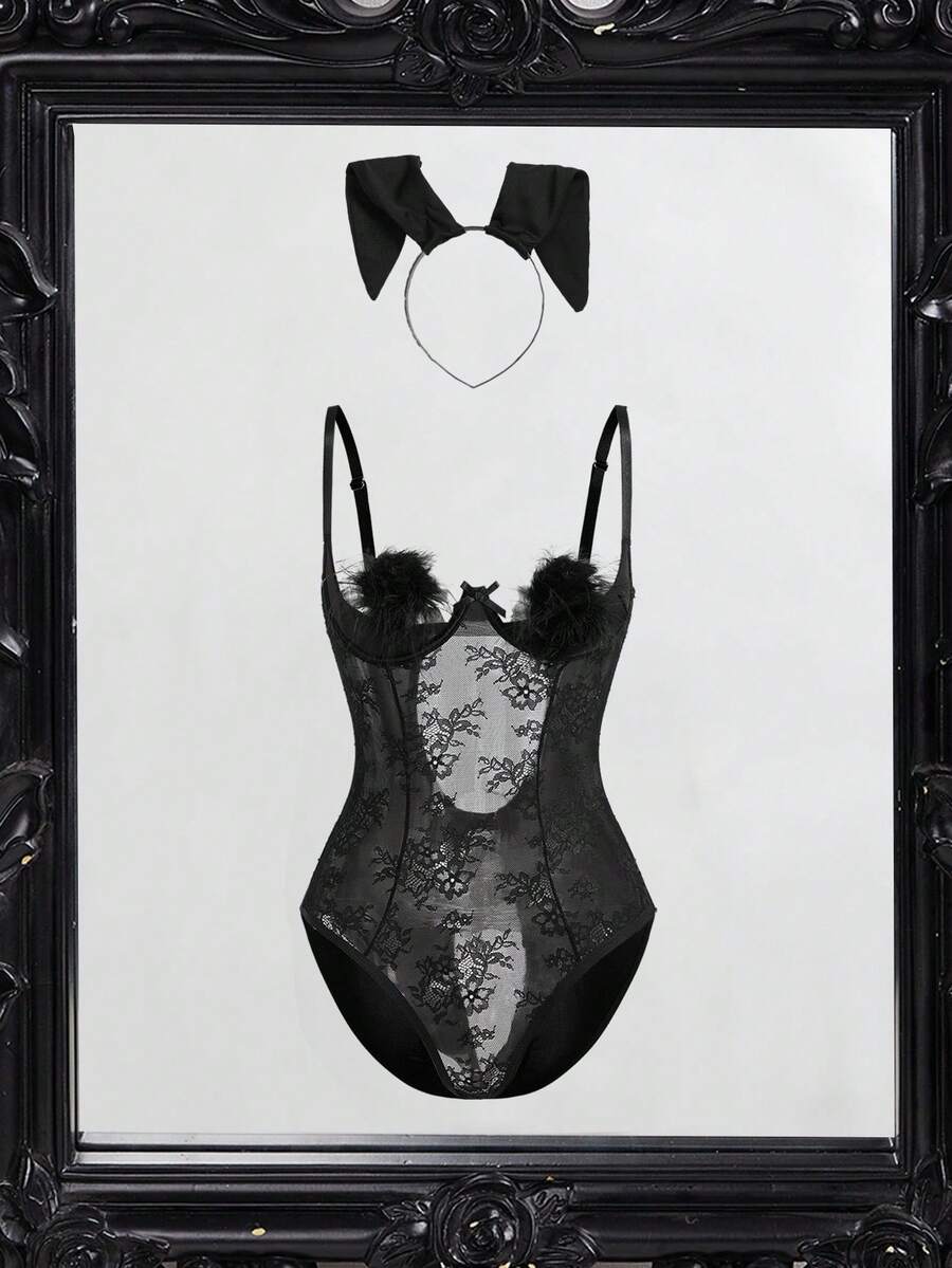 Fantasy Costume Fantasy Costume 3件套粉色兔女郎角色扮演套装:镂空乳贴+头饰+连体衣,毛绒装饰,蕾丝拼接,女士内衣服装 - 黑色 - 查看 1