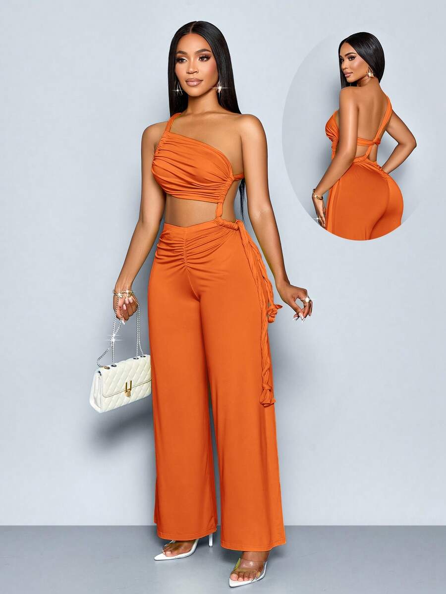 SOLERSUN 女士夏季性感纯色不对称领口褶皱修身镂空连体裤 - 橘色 - 查看 1