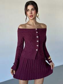 Firerie Women Elegant Burgundy 2pcs/Set Off-The-Shoulder Long Sleeve Front Love Button Closure Dress,Umbrella Skirt Red Knit Set,Autumn Brunch Party Dresses - Red Violet - View 5