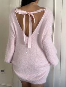 Sunnyshic Plus Size Women's Sequin Backless Sexy Long Sleeve Sweater Dress, Pink For Valentine's Day - Pink - View 3