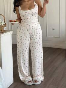 Sunnyshic Sweet Home Ditsy Floral Camisole Top Paired With Loose Knit Pants Set - Apricot - View 7