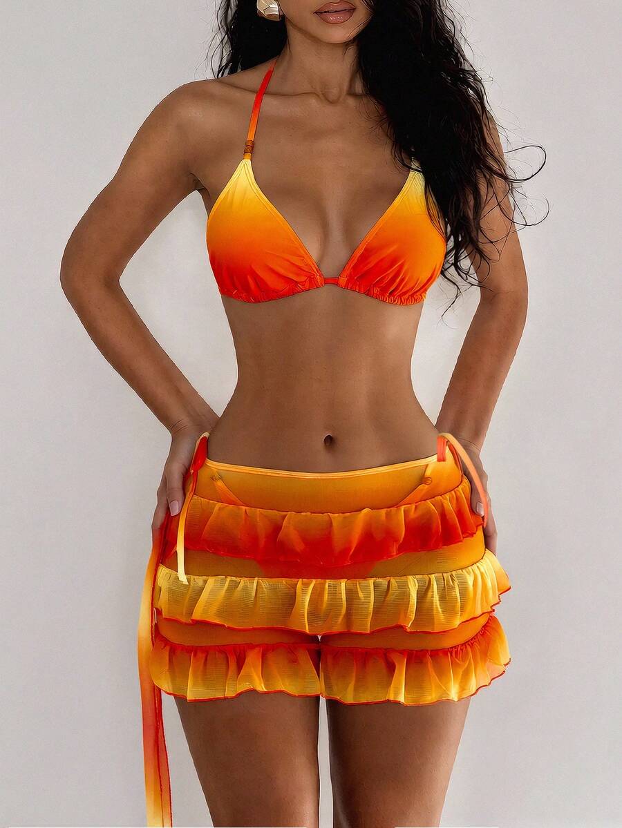 Swim Vcay Women's Orange Casual Vacation Beach Party Elegant Halter Neck 3-Piece Bikini Swimsuit Set - Burnt Orange - View 1