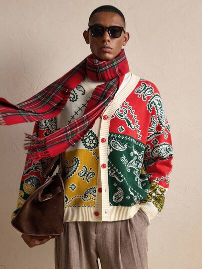 EASEVO Plus Size Men's Casual Colorblock Patchwork Cashew Flower Pattern Cardigan, Autumn/Winter Men S Knit Floral Mens Knitted Cardigans