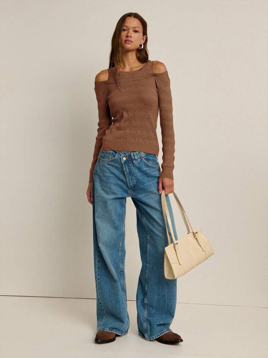 Nöista Cold-Shoulder Ribbed Knit Top With A Slim Fit. Soft, Stretchy, And Flattering-Perfect For Elegant Summer/Spring Break, Holiday Parties, Or Birthday For Elegant Gatherings. - Coffee Brown - View 1